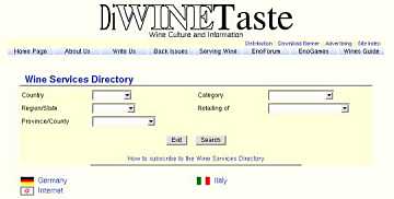The search panel of the Wine Services
Directory