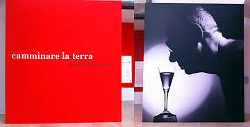 I pannelli
all'entrata della mostra ``Camminare la Terra'' dedicata a Luigi Veronelli