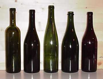 Styles of bottles. From left to right:
Bordeaux, Bourgogne, Flute, Champagne, Albeisa
